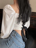 Tineit Sexy Backless Crop Top Women Spring Summer Slash Neck Bandage Shirts Ladies Korean Style Sweet Elegant Retro Puff Sleeve Blouses