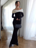 Black Friday Tineit Color Block Off-Shoulder Long Dress Women's Higt Waist Elegant Gown Dress Long Sleeve Splice Bodycon Dress Female Fashion