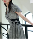 Tineit Lapel Puff Short Sleeve Plaid Dress Lace Up Tunic Vestidos Mujer Summer Patchwork Knitted Dresses Women Japanese Robe Femme