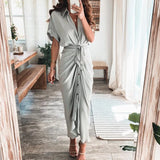 Tineit-Women Dresses Single Breasted Turn Down Collar Button Solid Shirring Blouses Dress Sashes Spliced Vestidos Loose Basics 2024