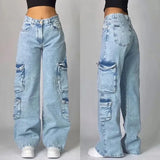 Tineit Y2K Baggy Jeans Womens New Multi-pocket Washed Vintage Jeans Harajuku Oversized Denim Pants High Waist Wide Leg Pants Trousers