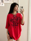 Tineit Red Harajuku Short Sleeve T-shirt Women Vintage Oversized Streetwear 90s Y2k Tees Loose Casual Top Kpop Hippie Clothes