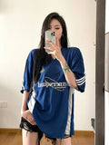 Tineit Sporty Basketball Women T Shirts Oversized V-neck Short Sleeve Tees Streetwear Hip Hop Embroidery Tops Summmer Clothes