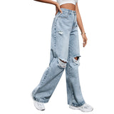 Tineit Wide Leg Trousers Women Straight Pants Denim Washing High Waist Loose Fit Pockets Button Basics Solid Color Holes Jeans Casual