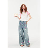 Tineit Women Vintage Baggy Blue Embroidery Jeans 90s High Waist Denim Trouser Harajuku Retro Korean Y2k Wide Cowboy Pants 2000s Clothes