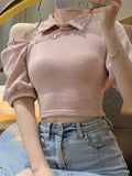 Tineit Y2k Aesthetic Crop Top Women Summer Puff Sleeve Off Shoulder T-shirts Female Korean Fashion Sweet Cute Turn Down Collar Tees