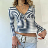 Tineit Y2K Aesthetic Grunge 00s Retro T-shirt Striped V Neck Crop Tops Women Vintage Long Sleeve Slim Fit Tees Ladies Casual Clothes