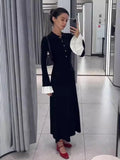 Black Friday Tineit Flare Sleeve Splice Knitted Long Dress For Women Casual High Waist Button Lapel Sweater Dress Elegant Autumn Party Dress