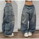 Tineit American Retro Jean Y2K New Harajuku Style High Street Hip Hop Men And Women Pocket Loose Jeans Gothic High Waist Denim Trousers