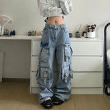 Tineit American Street Workwear Multi-Pocket Heavy Lndustry Design Jeans Female Y2K Gothic Fashion Punk Style Loose Floor Wide-leg Pant