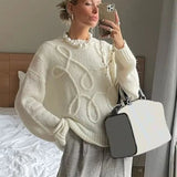 Black Friday Tineit Fashion Casual Pullovers For Women Solid Color Round Neck Long Sleeve Knitted Sweater Loose Female 2024 Autunn Winter New