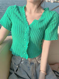 Tineit Preppy Style Sweet Tops Women Summer Short Sleeve Ruffles Flower-button Knitted T Shirt Elegant All-match Solid Slim Crop Top