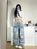 Tineit 2023 New American Multi-pocket Overalls Female Y2K Fashion Trend High Street Retro Heavy Industry Loose Casual Wide-leg Jeans