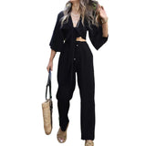 Tineit Women Two Piece Pant Sets Summer Long Sleeve V Neck Lace Up Shirt Elastic Waist Trousers Suits Loose Holiday Sporty Outfits