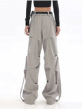 Tineit Y2K Pleated Grey Cargo Pants Women Streetwear Korean Oversize Wide Leg Baggy Pants Hip Hop Jogger Trousers Elastic Waist