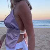 Tineit Summer Beach Holiday Chest Wrap Camis Boho Satin V Neck Halter Tops Sexy Backless Tie Up Bandage Crop Tops Y2K Streetwear