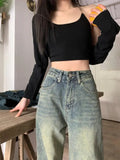 Tineit Vintage 90S Baggy Jeans Women Y2K High Waist Casual Loose Straight Trousers Distressed Streetwear Denim Wide Leg Jeans