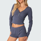 Tineit Solid Color Ribbed V-Neck Long Sleeve Crop Tops T-shirt and Shorts Sleepwear Outfits Women Pajamas Set 2 Pieces Loungewear Suits