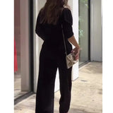 Tineit Women Tracksuit Two Pieces Set Long Sleeve V Neck Pullover Solid Color Wide Leg Pants Zipper Fly Button Office Lady Outfits 2024