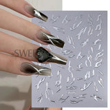 Tineit Metallic Silver Line Nail Manicure Stickers Metal Chrome Stripe Vine Flame Adhesive Decals Tape Swirl French Sliders Decor Foils