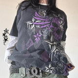 Tineit Japanese Edgy 00s Retro Gothic Emo T-shirt Cyber Y2K Grunge Mall Goth Top Patchwork Full Sleeve Baggy Pullovers Tees