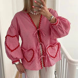 Tineit Women Y2K Loose Fit T-shirt Holiday Streetwear Heart Frill Patched Plaid Blouse Tops Vintage Tie Front V Neck Long Sleeve Tees