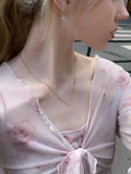 Tineit Aesthetics Fake Two Piece Tie Dye Mesh Print Tops Pink Sweet Holidays Sexy See Through Flare Sleeve T-Shirts Y2k Chic