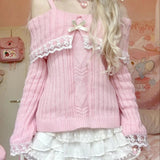 Tineit Kawaii Lace Trim Off Shoulder Pullovers Pretty Cute Outfits Harajuku Cosplay Sweater Y2K Aesthetic Vintage Long Sleeve Jumpers