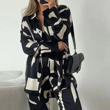 Tineit Women Elegant Print 2 Piece Set Lapel Long Sleeved Top Loose Straight Leg Pants Suit Streetwear Blouse Shirt 2024 Office Lady