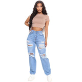 Tineit Women Jeans Ripped Hole Vintage Wide Leg Jean High Waist Ankle Length Denim Pants Solid Distressed Pockets Loose Fit Casual