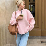 Black Friday Tineit Pink Sweet Pullover Sweater For Women Round Neck Solid Color Loose Knitted Top Long Sleeve Female 2024 Autumn Fashion