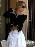 Tineit Elegant Lace Up Cardigan Women's Navel Cut Out Sexy Long Sleeve Ruffled Short Hot Girl Slim Fit Outwear Top Fall Fashion