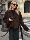 Black Friday Tineit Fashion Double Breasted Wool Coat Office Lady Lapel Brown Retro Short Jackets Loose Solid 2024 Fall Winter Female Outwear