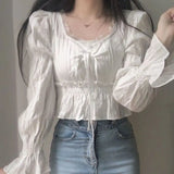 Tineit French Style Chiffon Blouse Women Spring Summer Puff Sleeve Lace Up Ruffles Shirts Elegant Korean Fashion Preppy Style Sweet Top