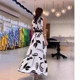 Tineit-Ankle Length Dress O Neck Sexy Sleeveless Dresses Loose Fit Sashes Print Women Vestidos Casual Slight Strech Spliced 2024