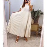 Tineit-Pleated Dress O Neck Sleeveless Women Ankle Length Dresses Pullover Folds Solid Color Casual Loose Fit Vestidos 2024 Basics