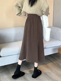 Tineit Corduroy Long Mermaid Skirt Women Autumn High Waist Ruffles Midi Skirts Female Korean Fashion Elegant Elastic Black A-line Skirt