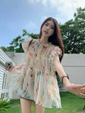 Tineit Elegant Floral Print Chiffon Beautiful Blouse Women Flying Sleeve Shirt Spring Summer Fairycore Pleated Tops Aesthetic