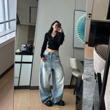 Tineit Blue Women Jeans Contrasting Colors American High Waist Fashion Vintage Y2K Style Wide Leg Jean Female Trouser Baggy Denim Pants