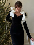 Tineit-Elegant Black Velvet Maxi Dress Contrast Bow Decor Summer Women V Neck Long Sleeve Bodycon Dresses Chic Lady Party Evening Robe