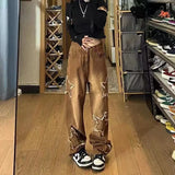 Tineit 2023 American Retro Brown Five-Pointed Star Patch Jeans Women New Trend Hip-Hop Casual Joker Loose Wide-Leg Straight Mop Pants