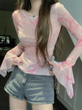 Tineit Pink Tie Dye Mesh Tops Women Spring Summer Flare Sleeve See Through Slim T Shirt Hot Girl Grunge Aesthetic Hotsweet Y2k Clothes