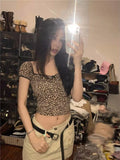 Tineit Y2k Leopard Print Crop Top for Girls Coquette Tights Square Collar T-shirts Women Summer Fashion Aesthetics Harajuku Tee