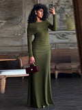 Black Friday Tineit Elegant Ruched Bodycon Maxi Dress Female Soild High Street Party Evening Dresses Long Sleeve Irrgular Splice Lady Clothes