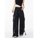 Tineit Black Cargo Pants High Waisted Women's Pants Vintage Straight Oversized Y2K Style Fashion 2023 Winter Wide Leg Trouser