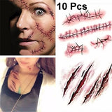 Tineit 10pcs Halloween Tattoo Sticker Horror Bloody Wound Zombie Scar Waterproof Temporary Tattoos DIY Party Body Art Makeup Kids Adult