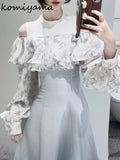 Tineit Fake Two Ruffled Vestidos Flocking Print Vestido Off Shoulder Dress Japan Back Bandage A-line Dresses Spring 2025 Ropa Mujer