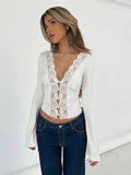 Tineit V-neck Lace Splice Top For Women Long Flare Sleeves Sexy Slim Fit Navel Buttons T-Shirt Top Hot Girl Autumn New Pullover