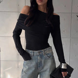 Black Friday Tineit Irregular Skew Collar Pleated Slim T-shirt Top For Women Fashion Long Sleeve Pullovers 2024 Autumn New Female T-shirt