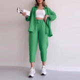 Tineit Pant Sets Women Solid Two Pieces Set Long Sleeve Cropped Button Shirt Loose Wide Leg Trouser Work Sporty Suits Y2k Streetwear